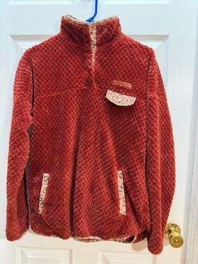 Simply Southern Rust Red Sherpa Jacket with Leopard Trim